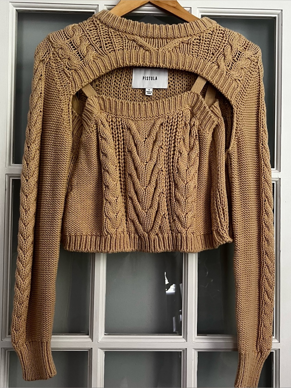 pistola Camel Off-Shoulder Cable-Knit Cutout Sweater